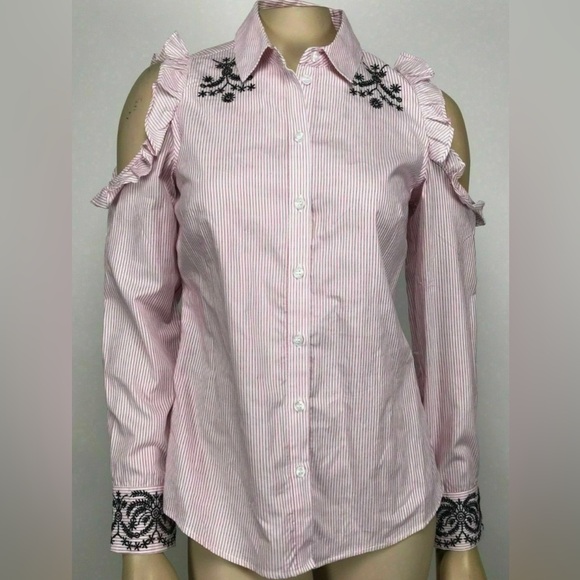 Nanette Lepore Cold Shoulder Pink Striped ButtonUp Top, Ruffled & Embroidered - Picture 5 of 10